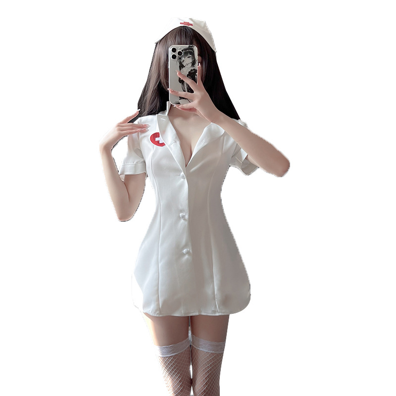 Lencería sexy mujer desgaste enfermera color sólido profundo V rol seductora uniforme Sao traje pijamas envío off