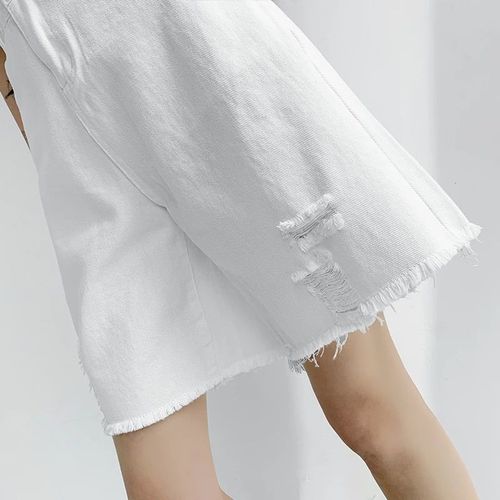 Women's Summer Thin High-Waisted Loose Slimming Embroidered Alphabet Straight Leg Wide White Shorts