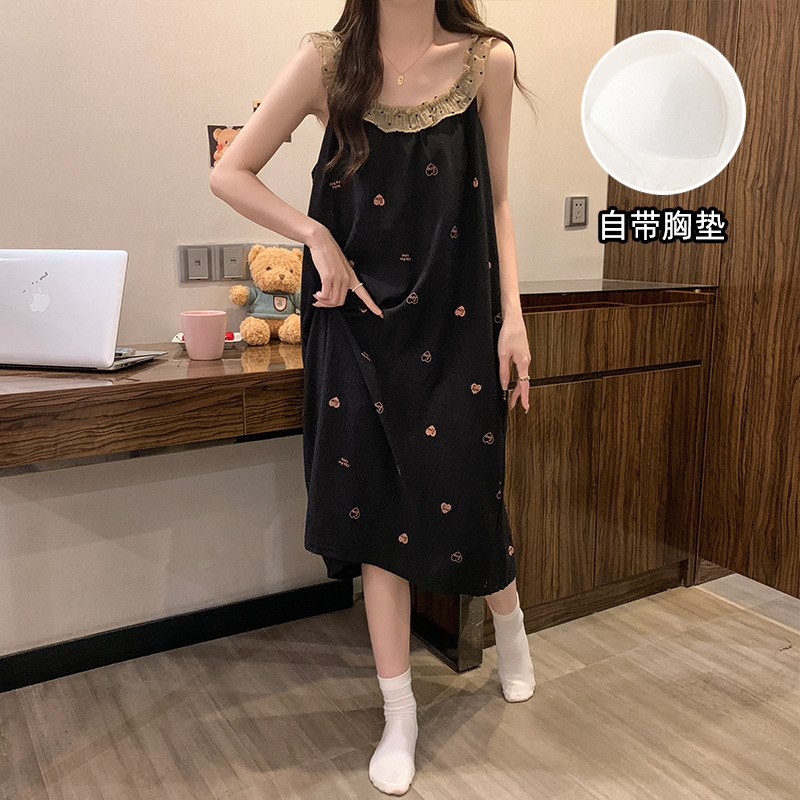 Fabricante pijama de verano encaje pijama de cuello redondo nubes de algodón cómodas y transpirables dulces con cojín de pecho vestido de cabina se puede usar fuera