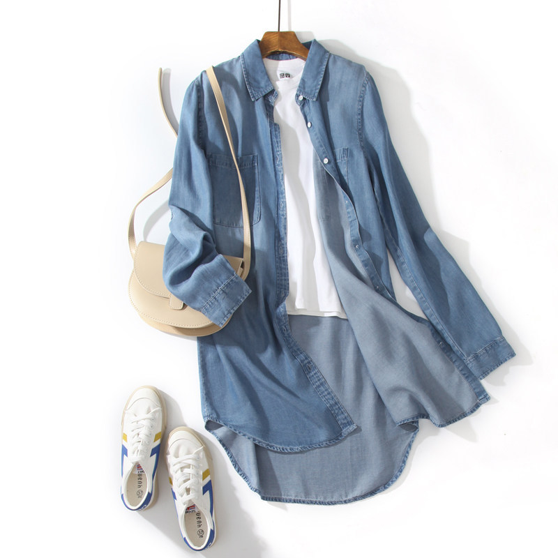 Soft and Drapey Thin Mid-Length Plus-Size Tencel Denim Shirt for Women, New Style for Layering, European Lyocell Shirt Jacket Soft and Drapey Thin Mid-Length Plus-Size Tencel Denim Shirt for Women, New Style for Layering, European Lyocell Shirt Jacket