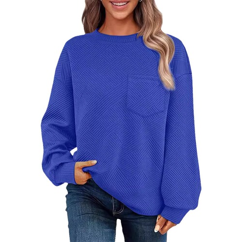 2025 Women's Knit Embroidered Long-Sleeve Round Neck Pocket Sport Top Casual Loose Hoodie Sweatshirt