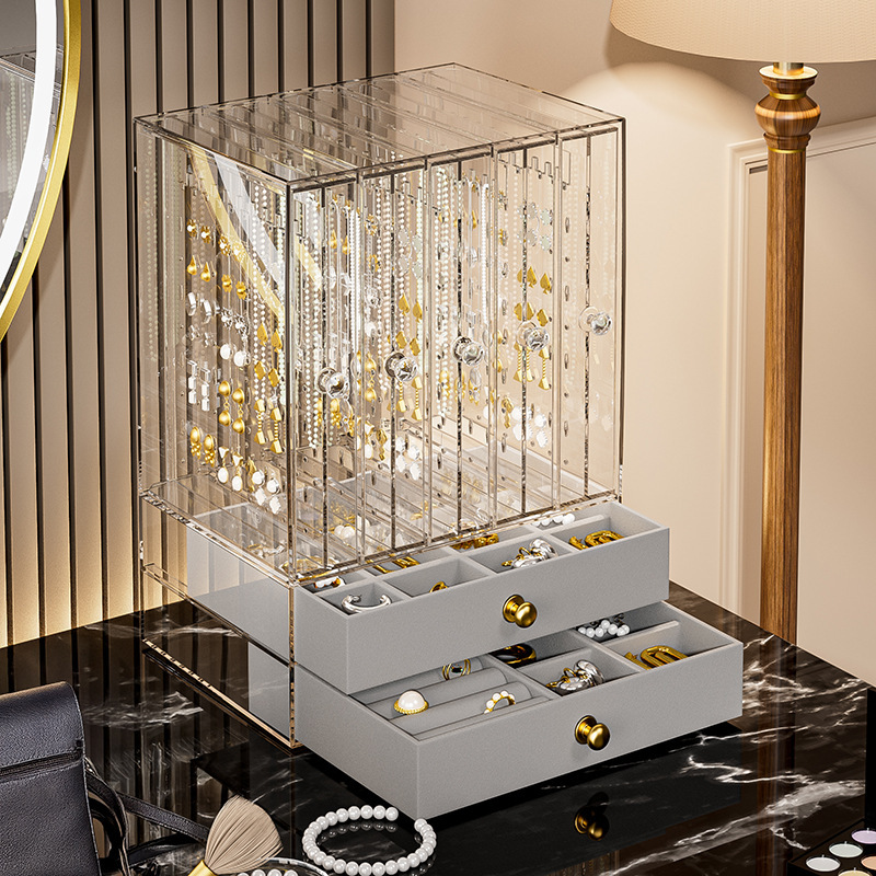 亚克力透明耳环盒与5个抽屉悬挂珠宝支架项链耳环戒指手镯展示盒|undefined