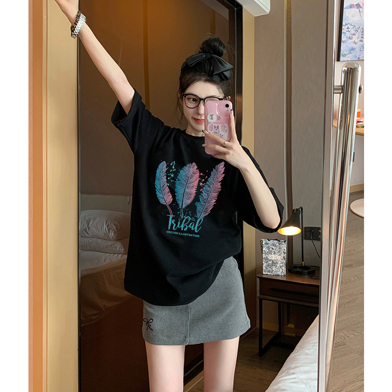 純綿半袖tシャツ女性夏韓国版新型ゆるい丸首小衆白色アニメプリント学生半袖tシャツ|undefined