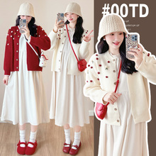 现货实拍大码孕妇冬装加厚孕妇毛衣外套＋灯芯绒孕妇连衣裙两件套