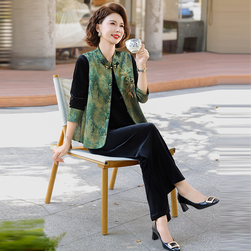 妈妈秋装新中式套装阔太太国风马甲上衣中老年女装气质丝绒三件套|undefined