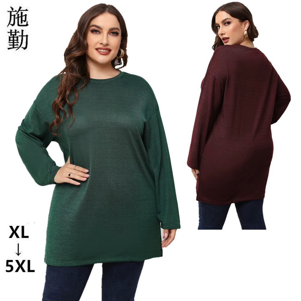 Европейская и американская трансграничная внешнеторговая одежда больших размеров для женщин: новые весенне-осенние длинные топы с круглым вырезом и длинными рукавами для полных девушек.