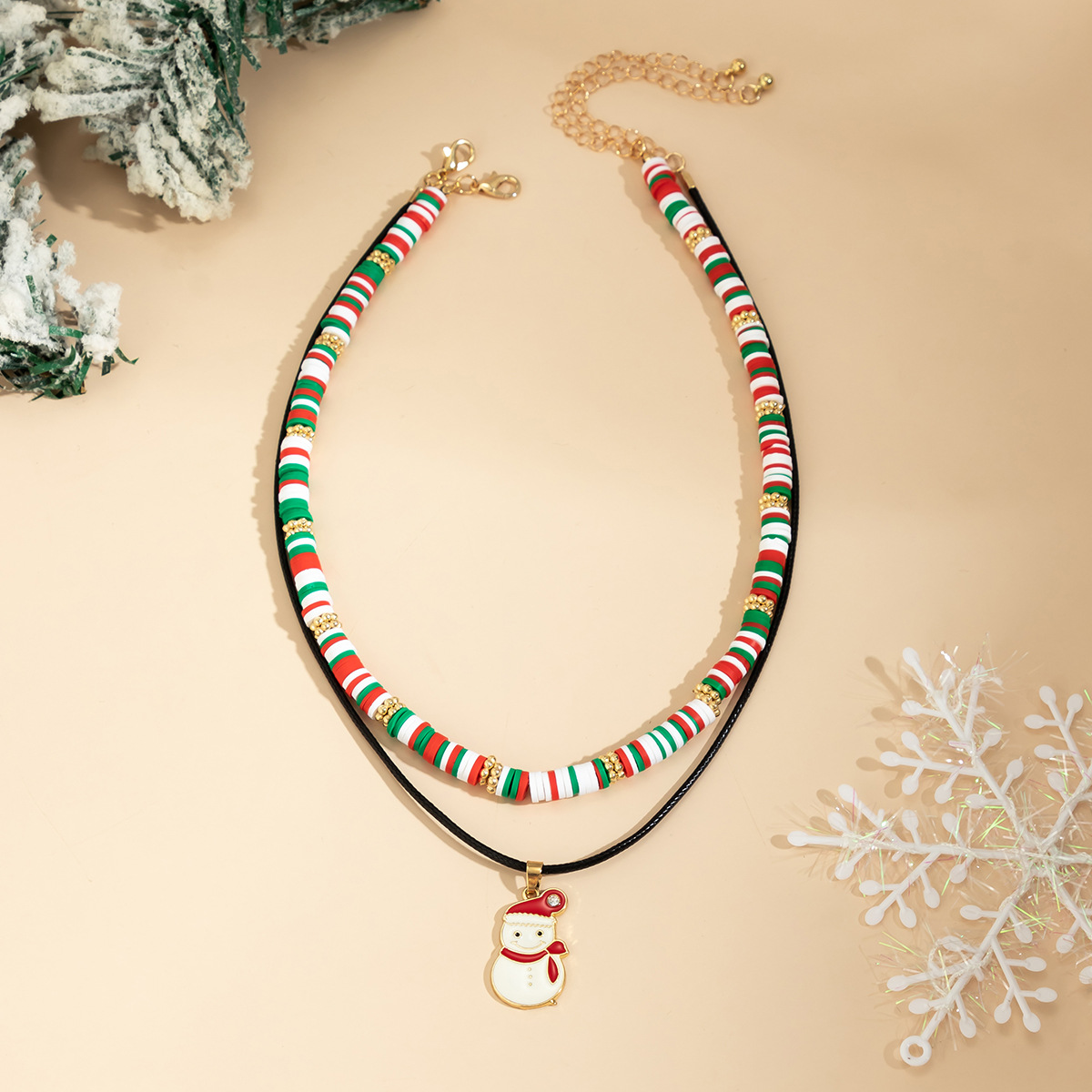 Christmas Beaded Choker Necklace With Crystal Snowman Charms_voghion.com