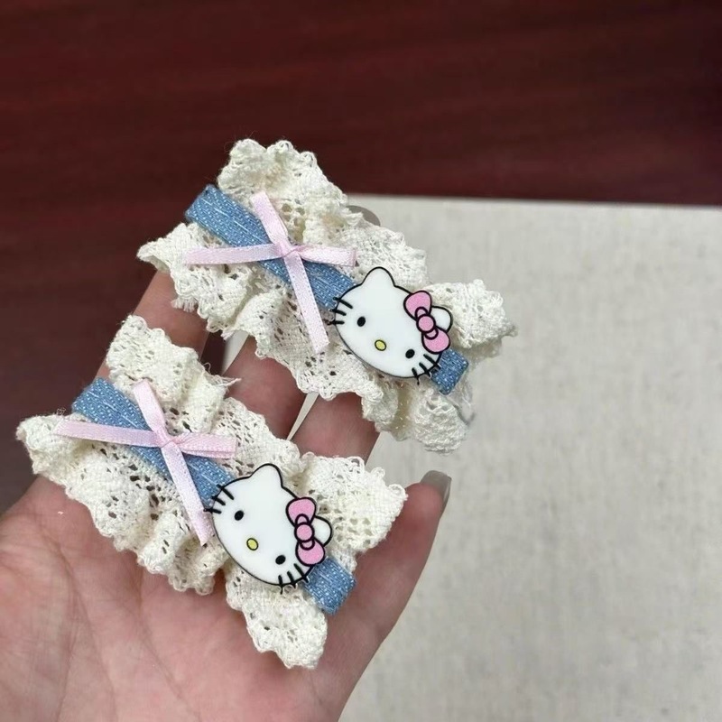 夏季时尚新款蕾丝KT猫蕾丝蝴蝶结发夹甜美可爱少女心鸭夹爆款发饰|undefined