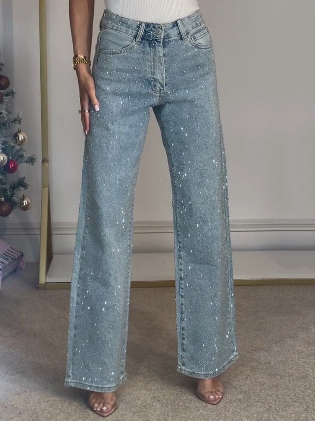 Women's High-Waisted Straight Leg Jeans Full Diamond Washed Denim Loose Fit European And American Style_mkmklike.com