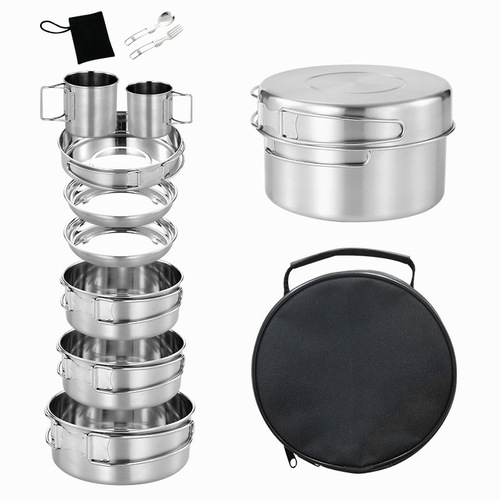 Cross-border 304 stainless steel outdoor pots, camping pots, tableware, picnic camping cookware sets, outdoor portable wholesale