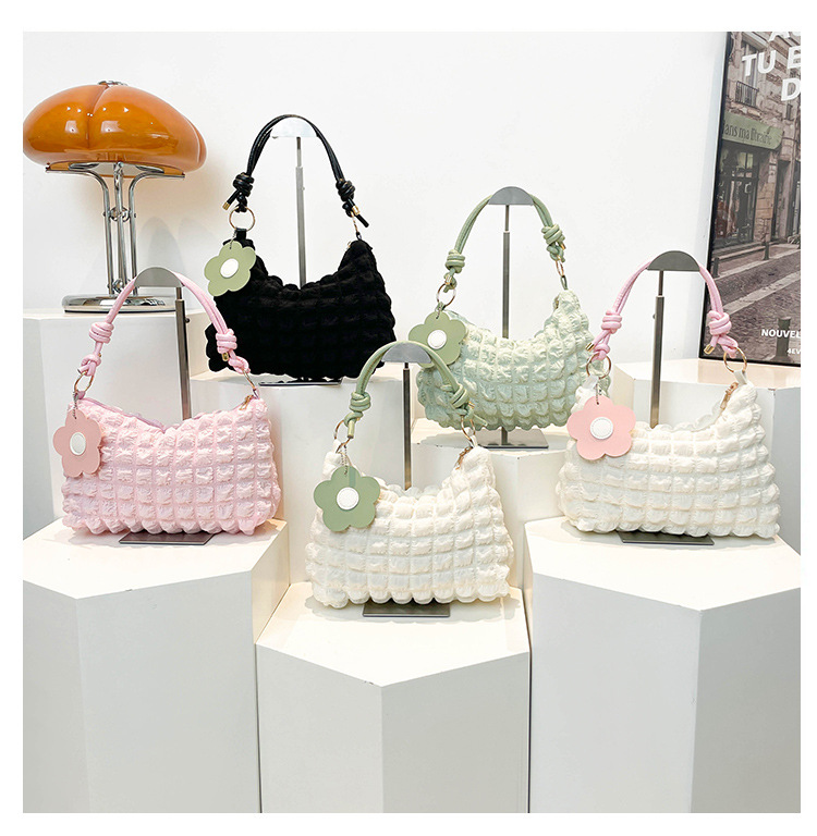 Ruched Bubble Texture Flower Charm Polyester Shoulder Bag 18