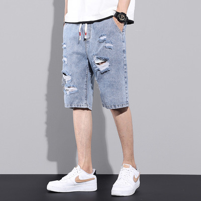 港风破洞牛仔短裤男士潮牌夏季休闲五分裤子韩版潮流宽松直筒中裤|ms