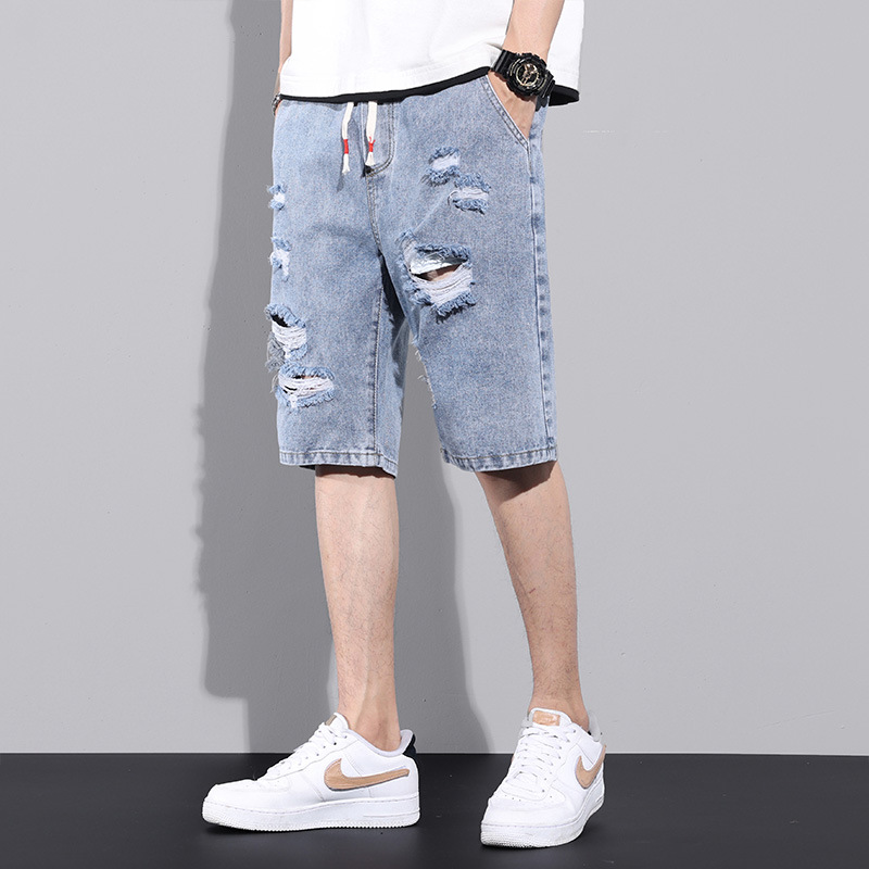 港风破洞牛仔短裤男士潮牌夏季休闲五分裤子韩版潮流宽松直筒中裤|ms