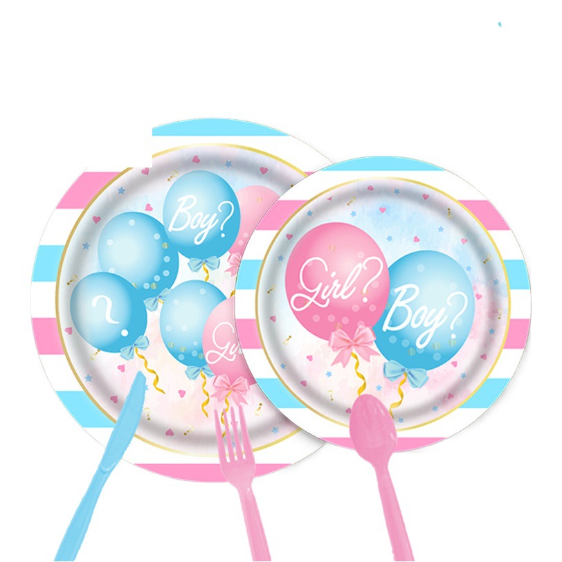 Niño y niña sexo secreto tema de globo cumpleaños fiesta infantil vajilla de papel desechable taza de papel mantel