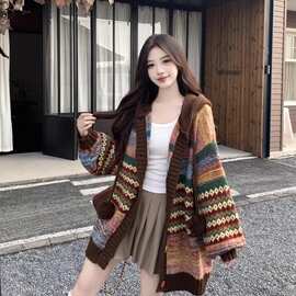 费尔岛复古撞色条纹连帽毛衣外套女秋冬胖MM遮肉显瘦针织开衫上衣