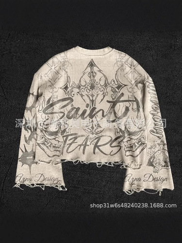 2025 new Gothic high street fashion brand men's fashion hip-hop Harajuku retro printed pattern long-sleeved T-shirt