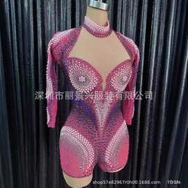 跨境演出服夜店酒吧女满钻珍珠红四角短裤连体衣
