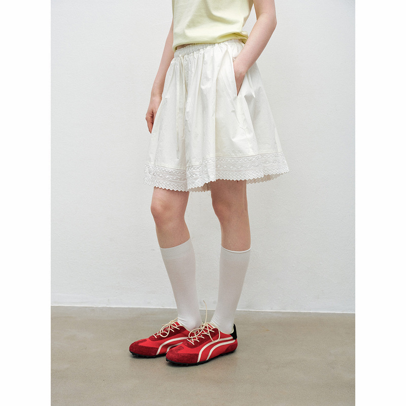 【Dai He】Summer New Casual High-Waisted Lace-Up Embroidered Cotton Short Wide-Leg Skirt Pants for Women H60730 【Dai He】Summer New Casual High-Waisted Lace-Up Embroidered Cotton Short Wide-Leg Skirt Pants for Women H60730
