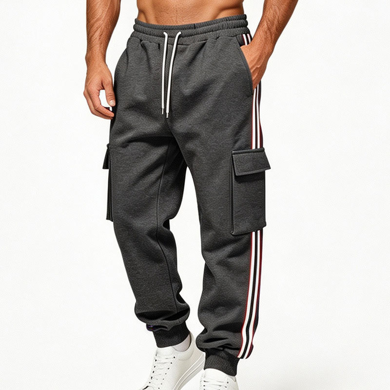Cross-border men's casual pants, European and American heavy-duty fleece-lined sports cargo pants, winter men's outdoor color-blocked webbing sweatpants