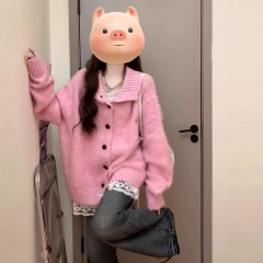 慵懒风甜美女翻领针织开衫粉色毛衣女新款初秋季韩系休闲宽松上衣