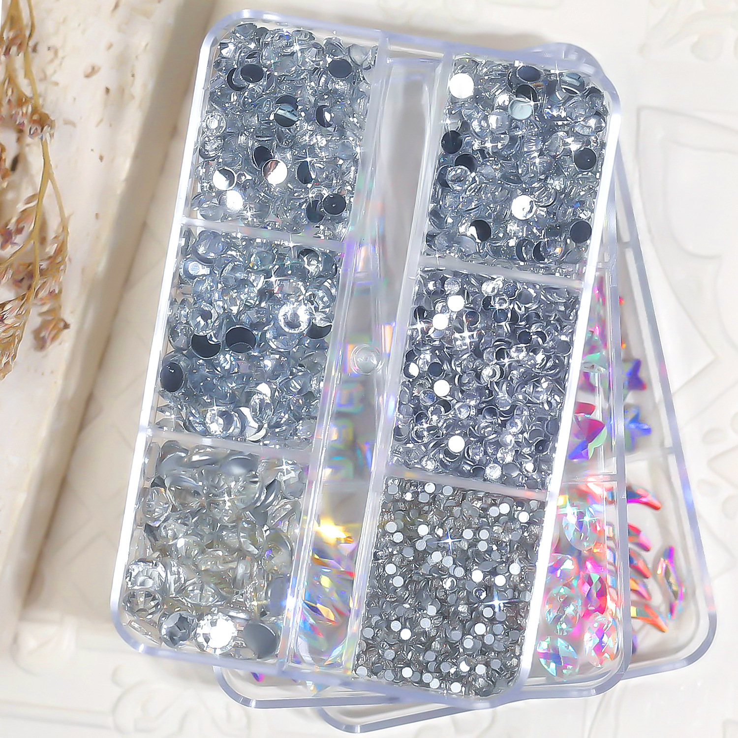 Cross-border Especial 6-grid Caja Mixta joyería de uñas transparente cuadrado plano espejo de diamante en forma especial Aurora uñas Rhinestone