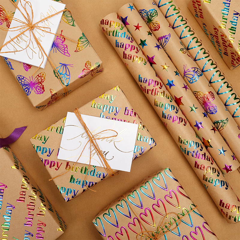 Transfronterizos para feliz cumpleaños, regalo de San Valentín, papel de embalaje de alto nivel, estampado concavo, rollo de kraft retro