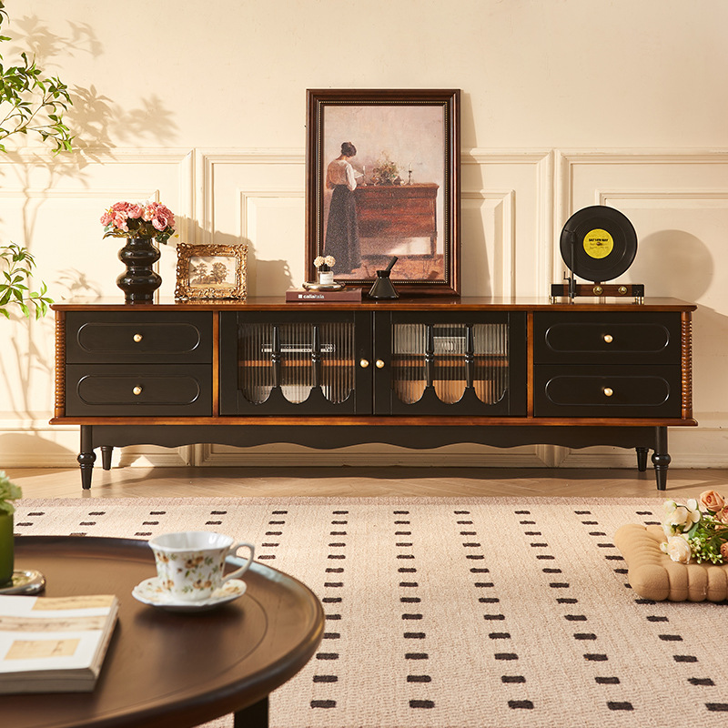 French Retro Solid Wood TV Cabinet American Living Room Double Layer Floor TV Cabinet Middle Ancient Four Bucket Storage TV Cabinet
