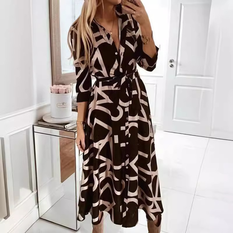 Independent Station European and American Foreign Trade Women's Cross-border Dress V-Neck Spring and Autumn Printed Button Long Sleeve Lace-up dress Independent Station European and American Foreign Trade Women's Cross-border Dress V-Neck Spring and Autumn Printed Button Long Sleeve Lace-up dress
