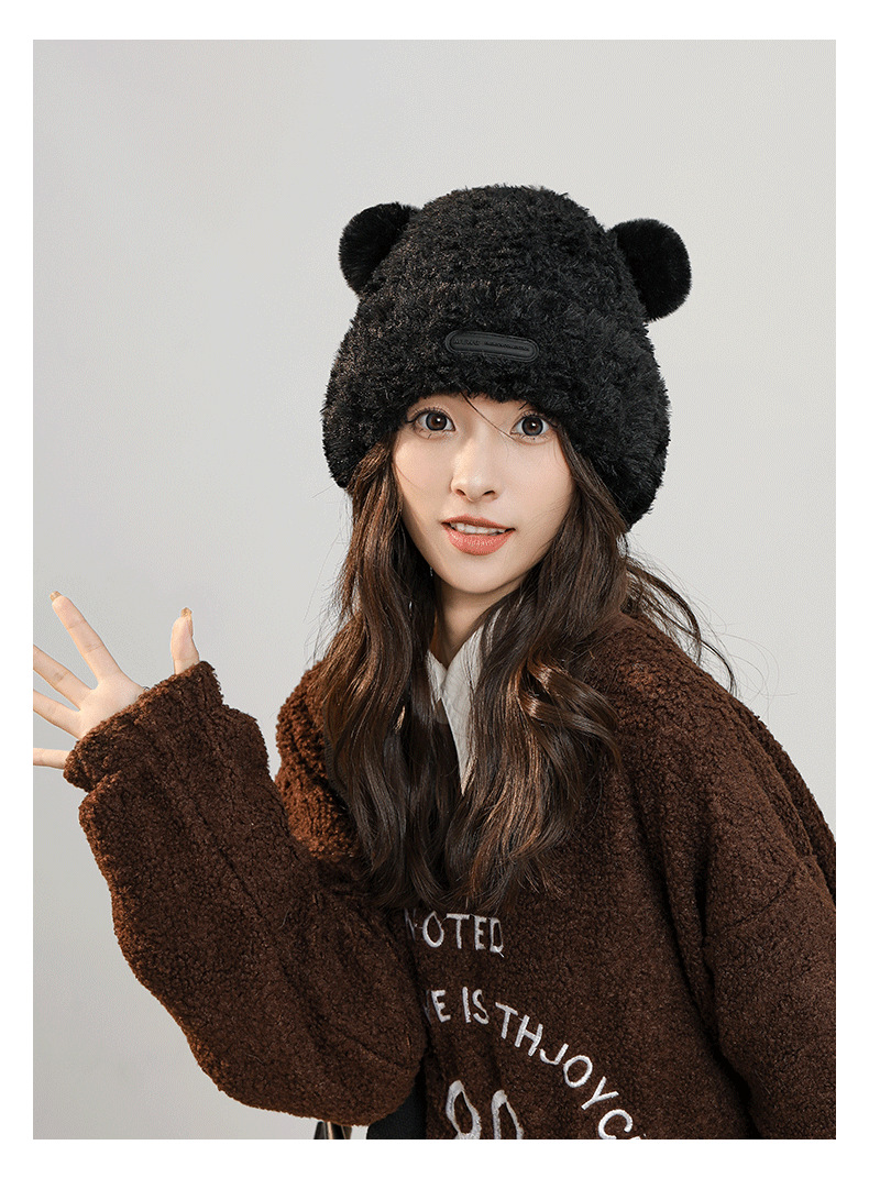 Herbst- und Wintermützen für Damen, süße Fleece-Wintermütze, verdickter warmer Gesichtshut, kleine kältebeständige Plüsch-Strickmütze aus Wolle_voghion.com