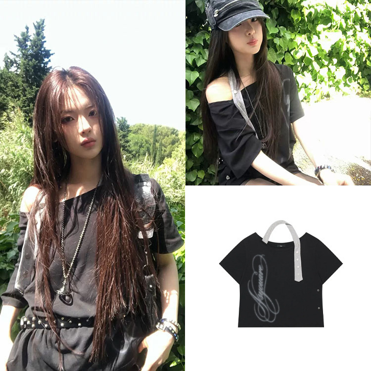 Fan Sun·Xh Korean Style Yang Chaoyue Same Style Lettered Off-Shoulder Halter Neck Short-Sleeve T-Shirt Dongdaemun Summer New Top Fan Sun·Xh Korean Style Yang Chaoyue Same Style Lettered Off-Shoulder Halter Neck Short-Sleeve T-Shirt Dongdaemun Summer New Top