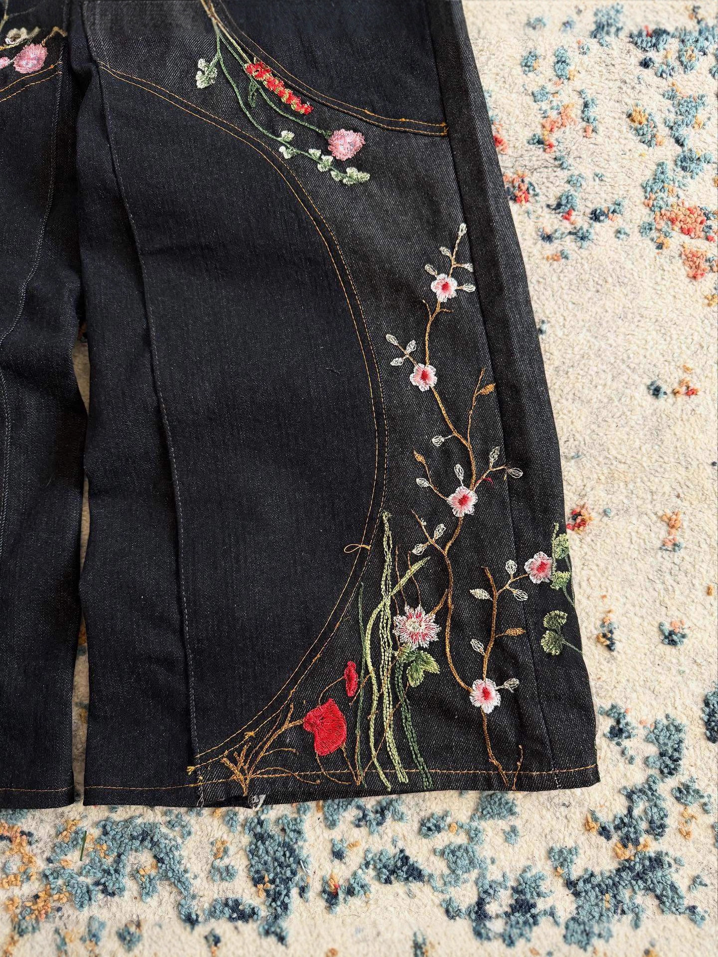 Pantalones largos holgados de estilo Y2K europeo y americano, con diseño de patchwork, bordado floral, para hombre y mujer, pantalones largos hasta el suelo, a la moda.