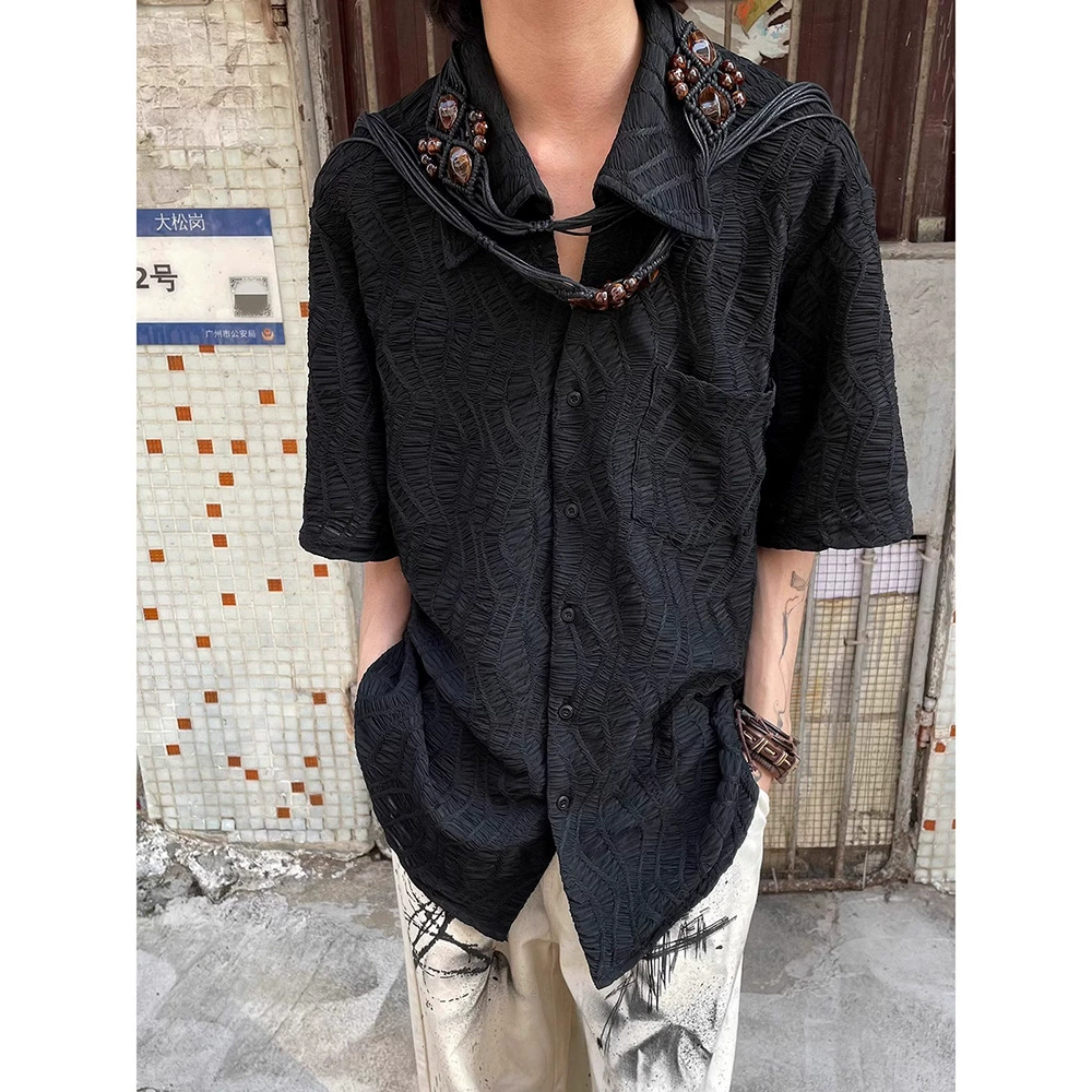 Кубинский воротник с складками, свободная рубашка с короткими рукавами, мужской летний новый нишинский дизайн с вышивкой свободный повседневный кардиган куртка