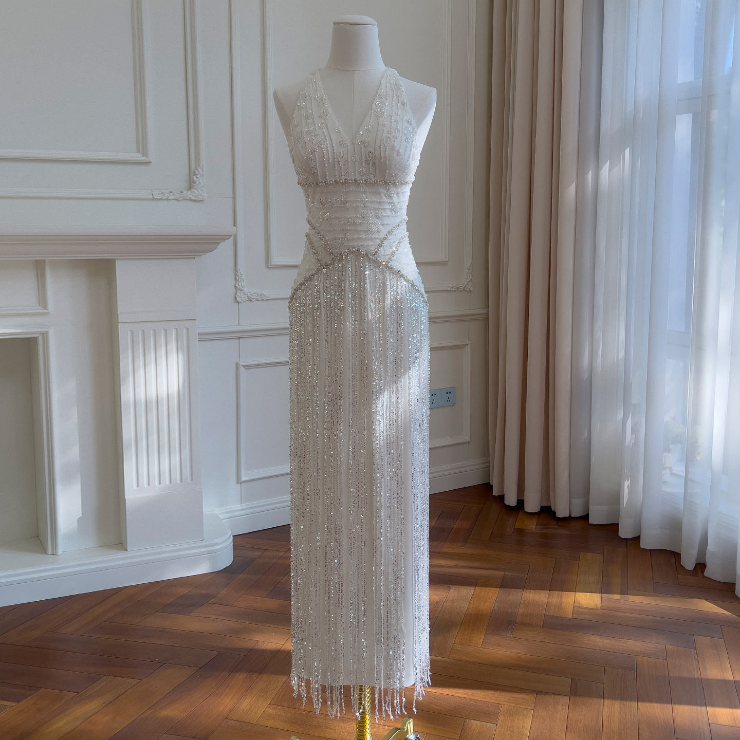 French Sequin Evening Dress, Accessible Luxury Fishtail Banquet Dress, Mesh Embroidered V Neck Sleeveless Long Dress 69370