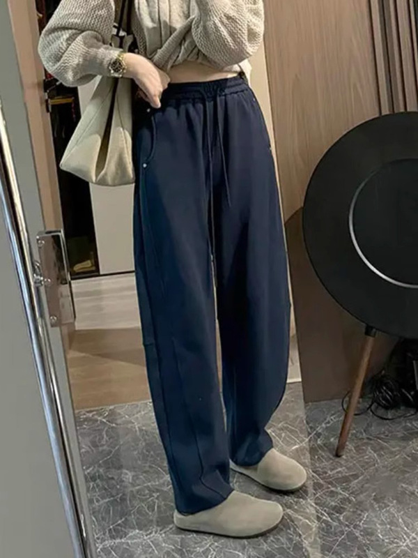 藏青色弯刀卫裤女春秋胖mm大码休闲显瘦哈伦直筒宽松运动裤小个子|undefined
