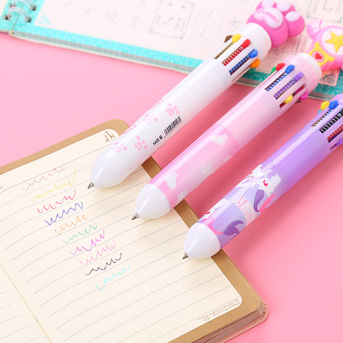 Cute girly heart ten-color ballpoint pen, cartoon multi-color push-button ballpoint pen, student multi-function accounting marker pen
