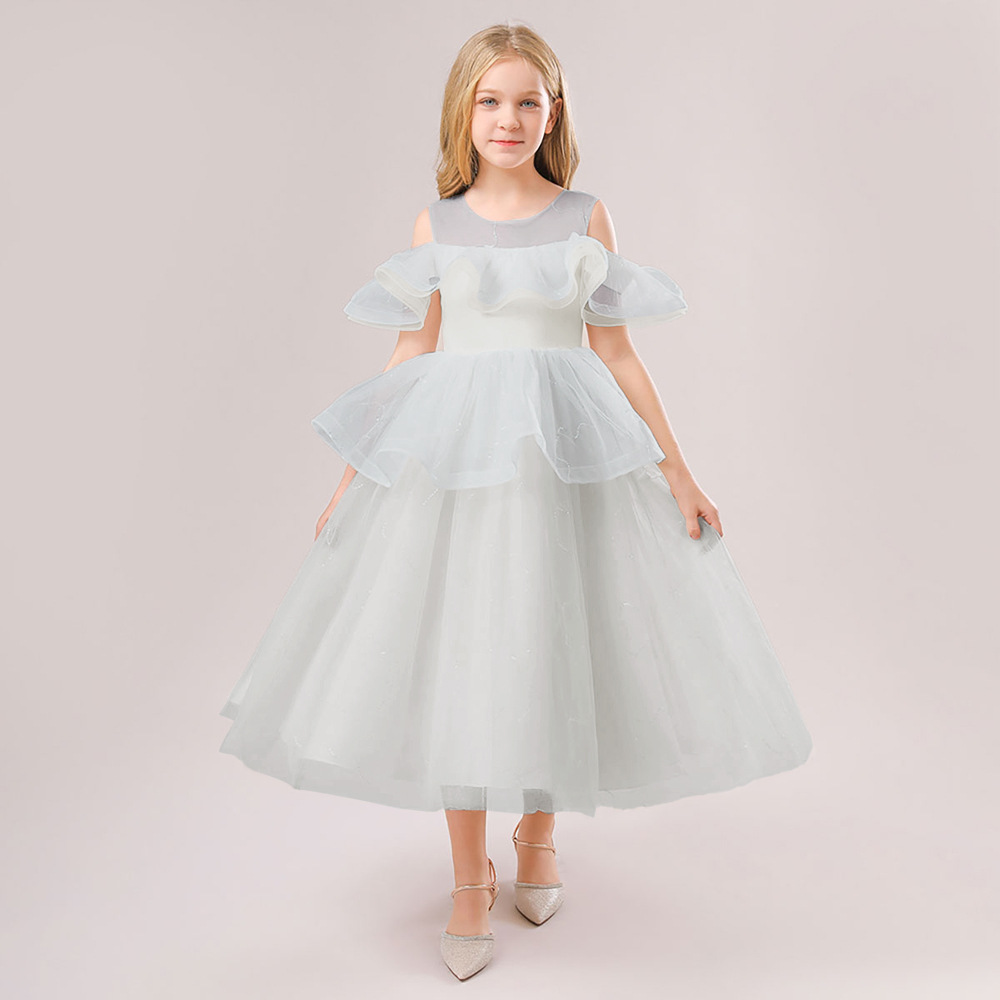 2024 primavera nuevo vestido de pasarela para niños vestido de princesa fuera del hombro mullido tridimensional estilo occidental vestido de piano