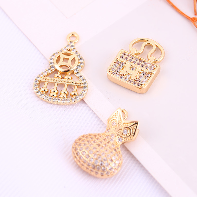 14k純銅包金微嵌锆石包包葫蘆吊墜diy飾品配件項鏈挂件H字母吊飾