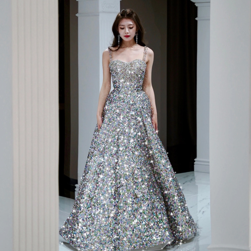Starry sequined evening dress high-end light luxury temperament annual meeting host engagement wedding dress toast dress bride