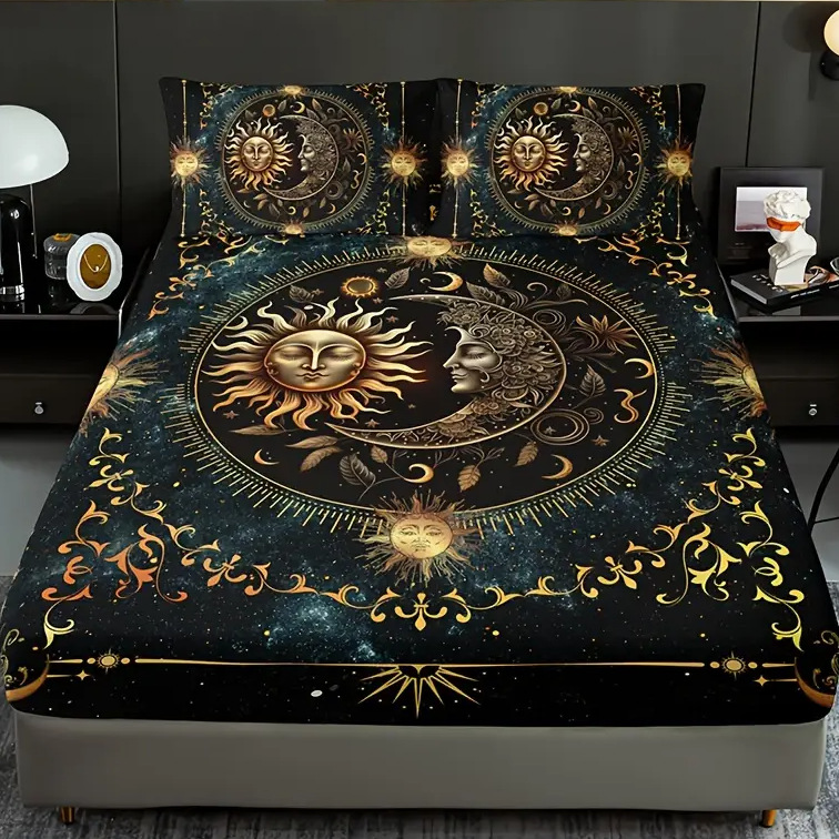 TEMU / JIT Transfronterizo Sol, Luna, Estrella y Río Patrón Temático 3D Impresión Digital Cama Kasama Kit de ropa de cama