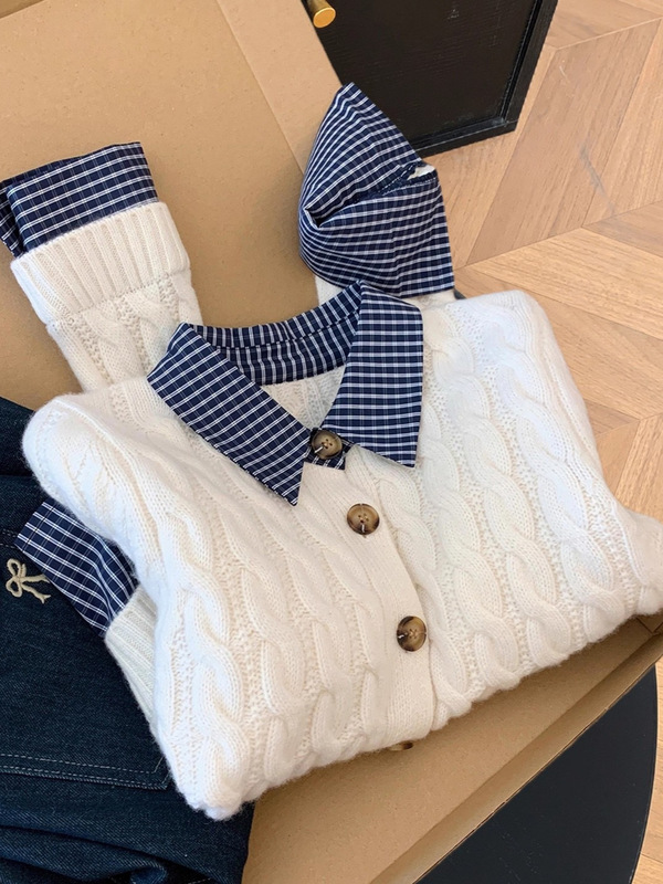 设计感假两件格子polo领撞色毛衣女秋冬新款独特拼接麻花针织上衣|undefined