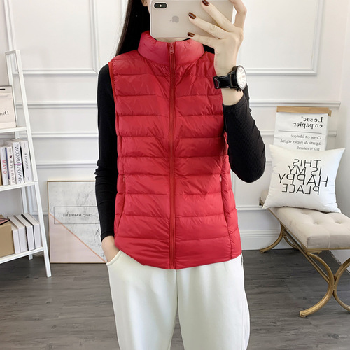 Winter and Autumn Outdoor Down Vest Women's Short Sleeve Stand Collar Slim Light Warm White Duck Down No Filling Vest 