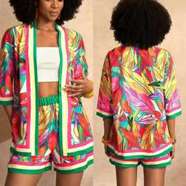 跨境亚马逊速卖通2025夏季新品时尚休闲宽松印花开衫短裤套装女