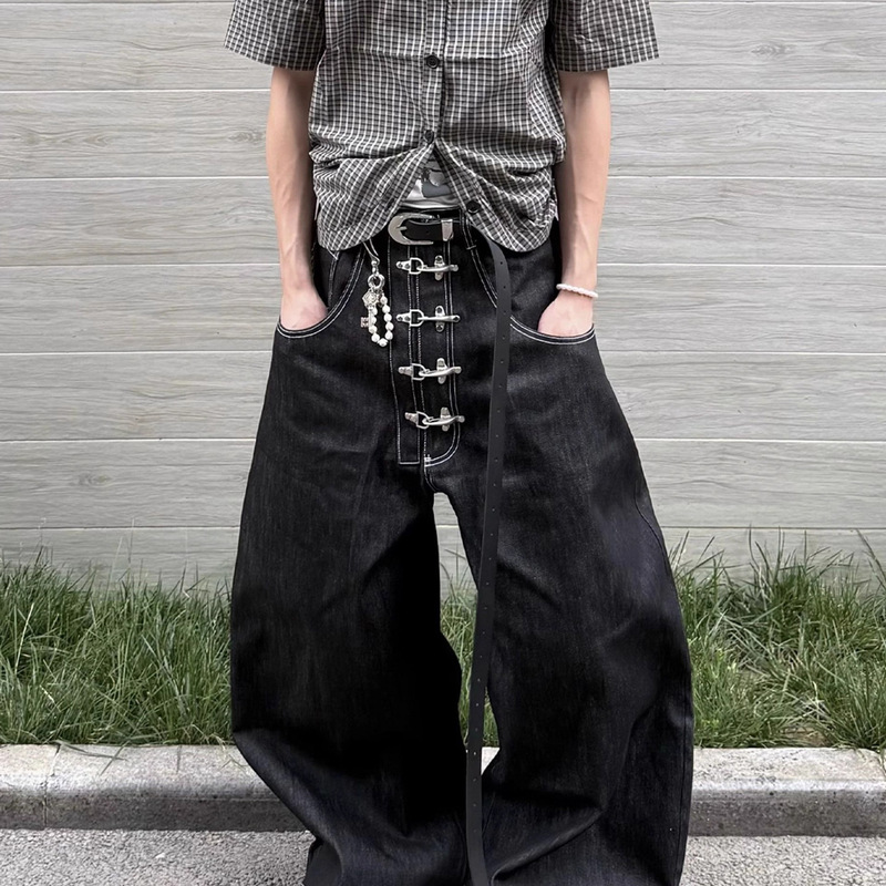 American Retro Airplane Buckle Design Denim Raw Denim Scimitar Jeans Unisex Baggy Silhouette Loose Fit Long Pants American Retro Airplane Buckle Design Denim Raw Denim Scimitar Jeans Unisex Baggy Silhouette Loose Fit Long Pants