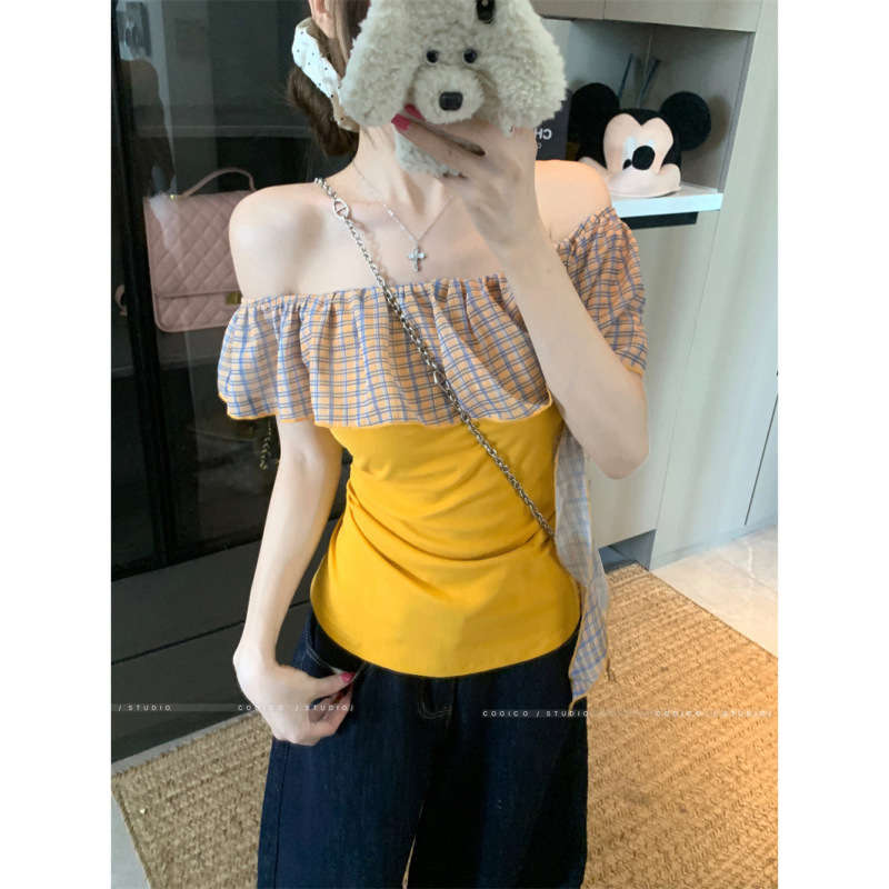 Pure Lust Chic ワンショルダー チェック柄 コントラストカラー 半袖 Tシャツ レディース 夏新作 ウエスト痩身 ユニークなトップ|undefined