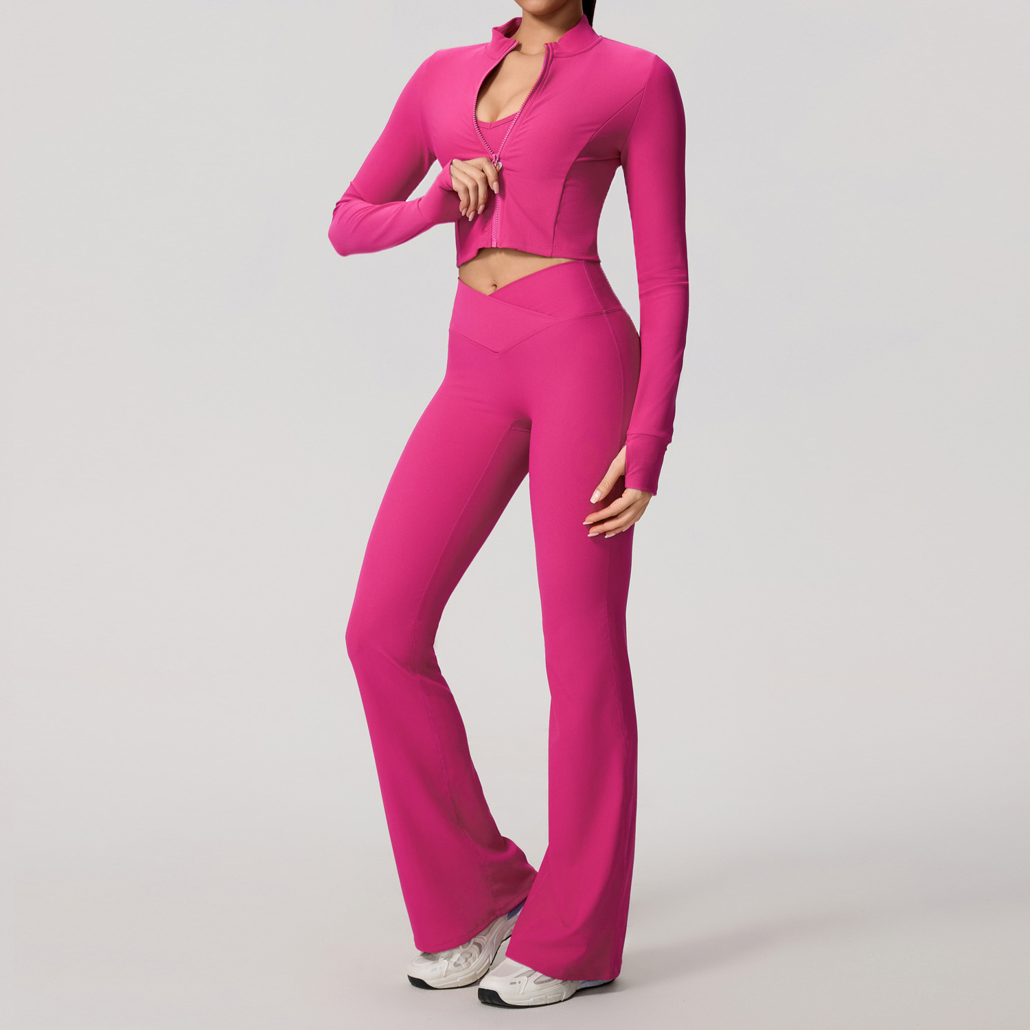 Europa y América sexy cruzada belleza de espalda deportiva al aire libre chaqueta con cremallera piernas anchas cintura alta y largo conjunto de pantalones de calzado 7005