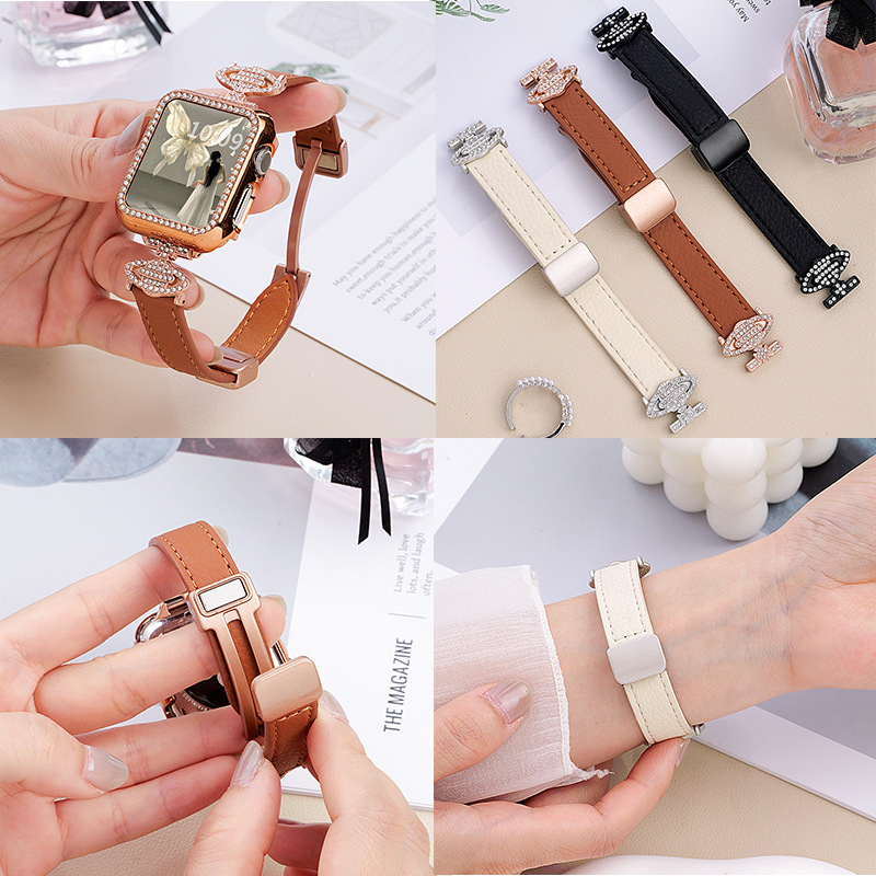 Suitable for Applewatch Apple Litchi Pattern Watch Strap Metal Saturn Magnetic Buckle Women's iWatch Watch Strap