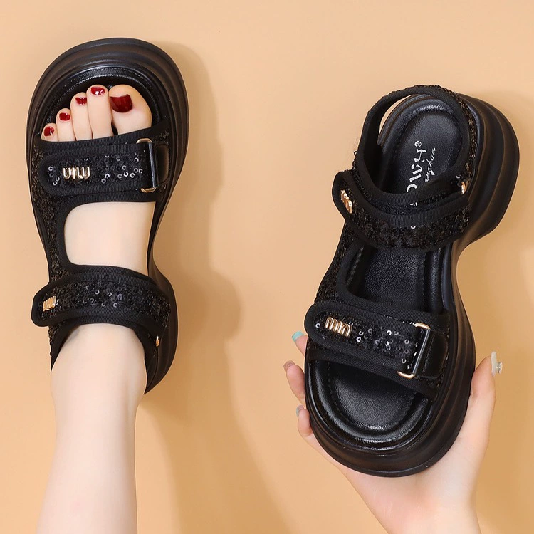 Женские спортивные сандалии лето 2025, новые, на небольшом каблуке, с ароматом, на липучке, с милыми пайетками, повседневные, на толстой подошве, пляжная обувь