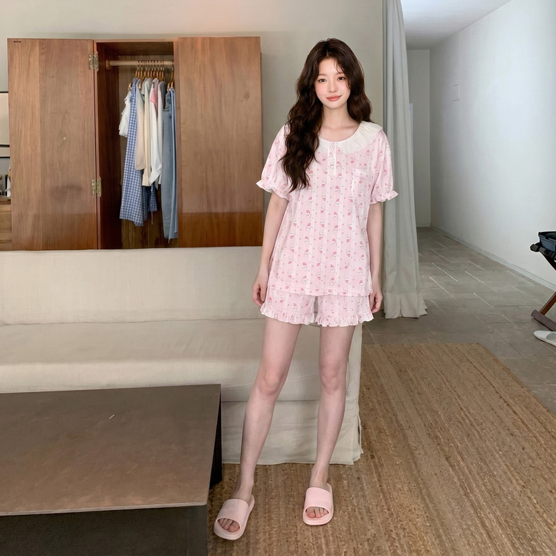 "Antibacterial Cotton" Sweet Lace Doll Collar Stretch Cotton Pajamas for Women Summer Bunny Print Pure Cotton Short-Sleeved Home Wear "Antibacterial Cotton" Sweet Lace Doll Collar Stretch Cotton Pajamas for Women Summer Bunny Print Pure Cotton Short-Sleeved Home Wear