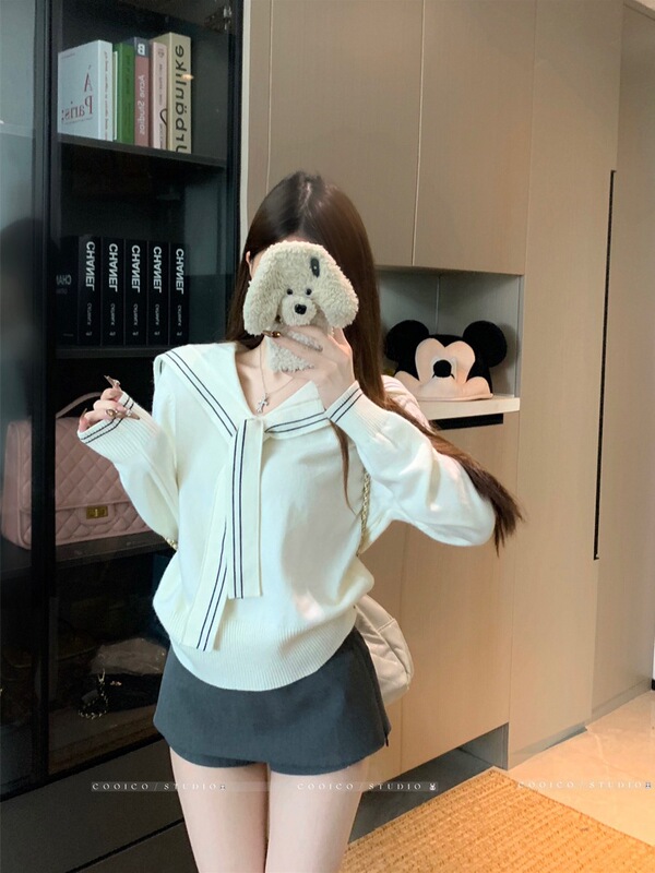 Korean Preppy Style Navy Collar Loose Slimming Knitted Sweater Women's Autumn Design Versatile Age-Reducing Soft Waxy Top