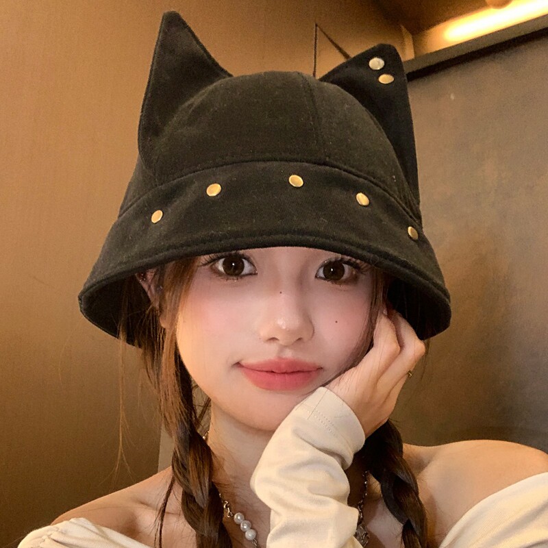 可爱立体猫耳朵铆钉渔夫帽女夏季百搭显脸小盆帽遮阳防晒太阳帽子|undefined